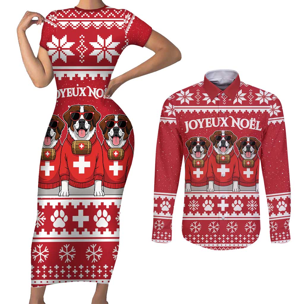 Saint Bernard Dog Switzerland Christmas Couples Matching Short Sleeve Bodycon Dress and Long Sleeve Button Shirt - Wonder Print Shop
