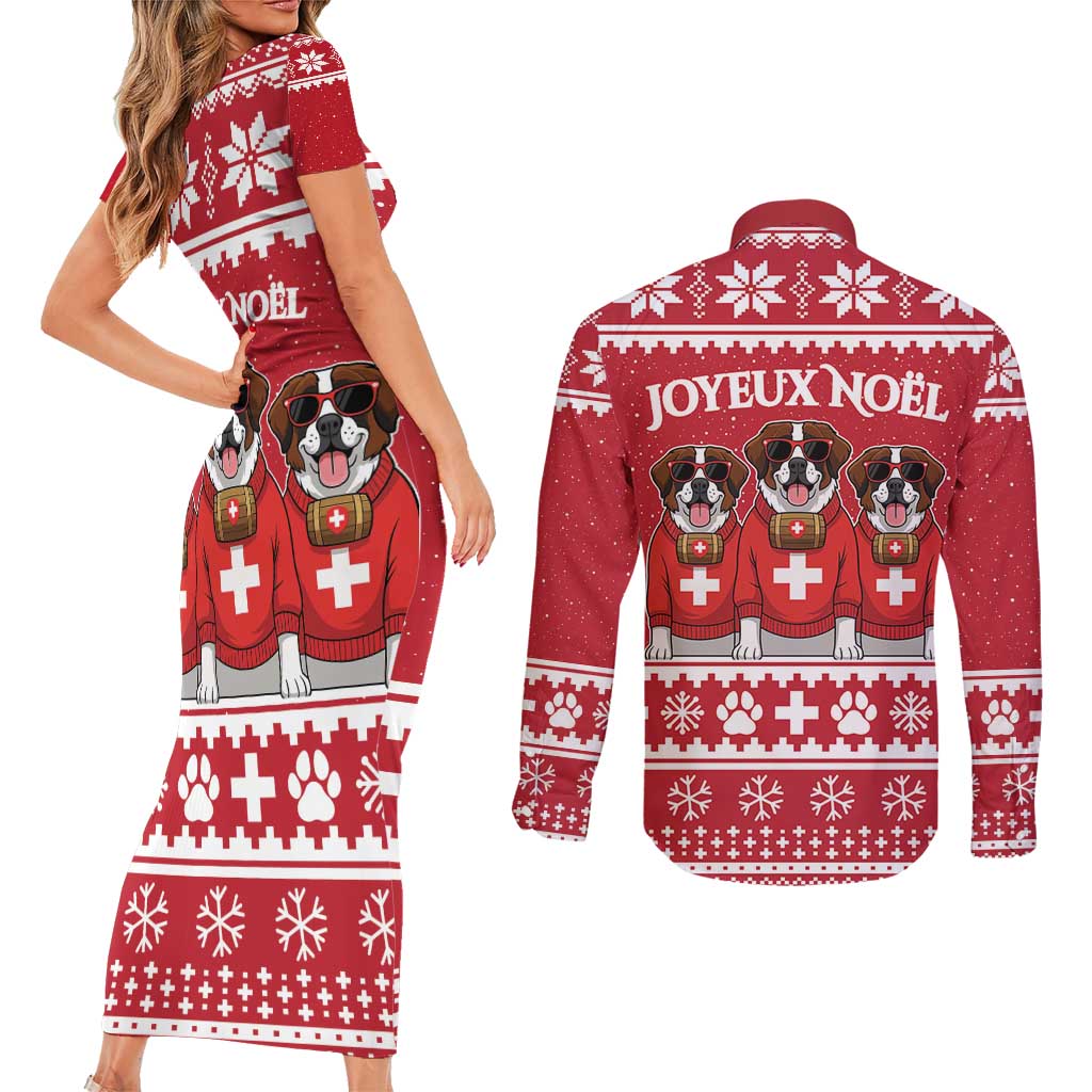 Saint Bernard Dog Switzerland Christmas Couples Matching Short Sleeve Bodycon Dress and Long Sleeve Button Shirt - Wonder Print Shop