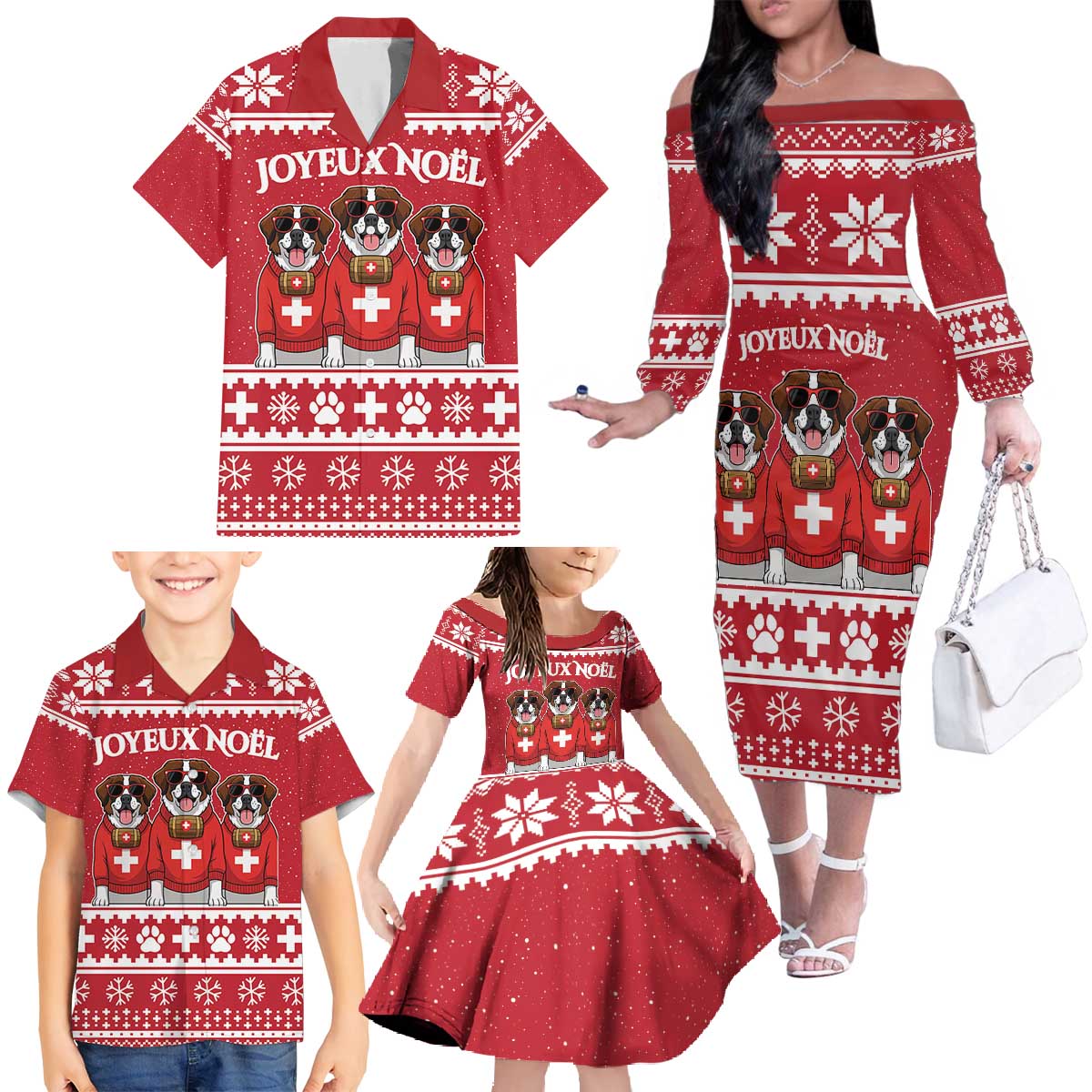 Saint Bernard Dog Switzerland Christmas Family Matching Off The Shoulder Long Sleeve Dress and Hawaiian Shirt - Wonder Print Shop