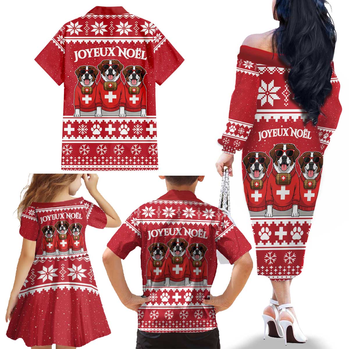 Saint Bernard Dog Switzerland Christmas Family Matching Off The Shoulder Long Sleeve Dress and Hawaiian Shirt - Wonder Print Shop