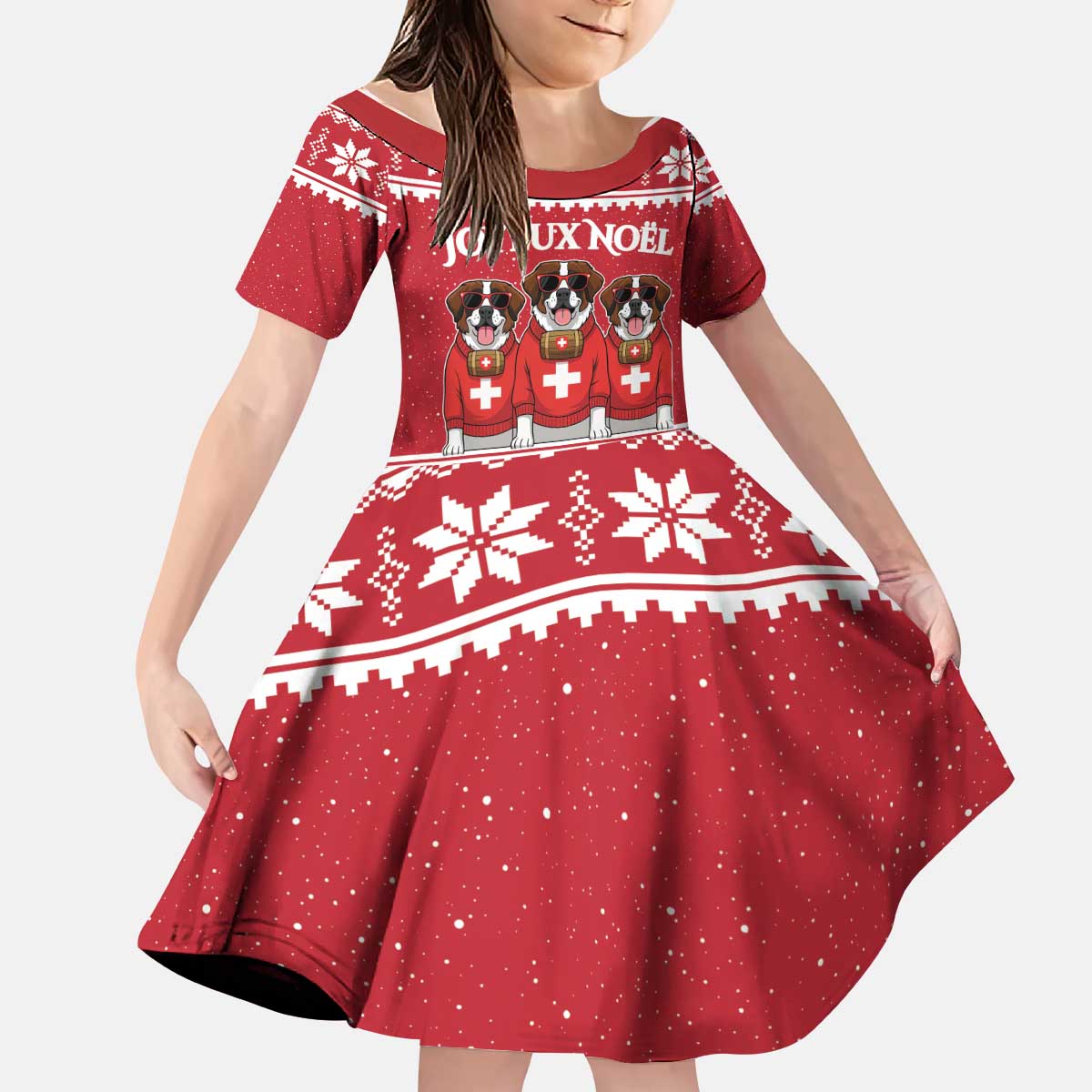 Saint Bernard Dog Switzerland Christmas Kid Short Sleeve Dress - Wonder Print Shop