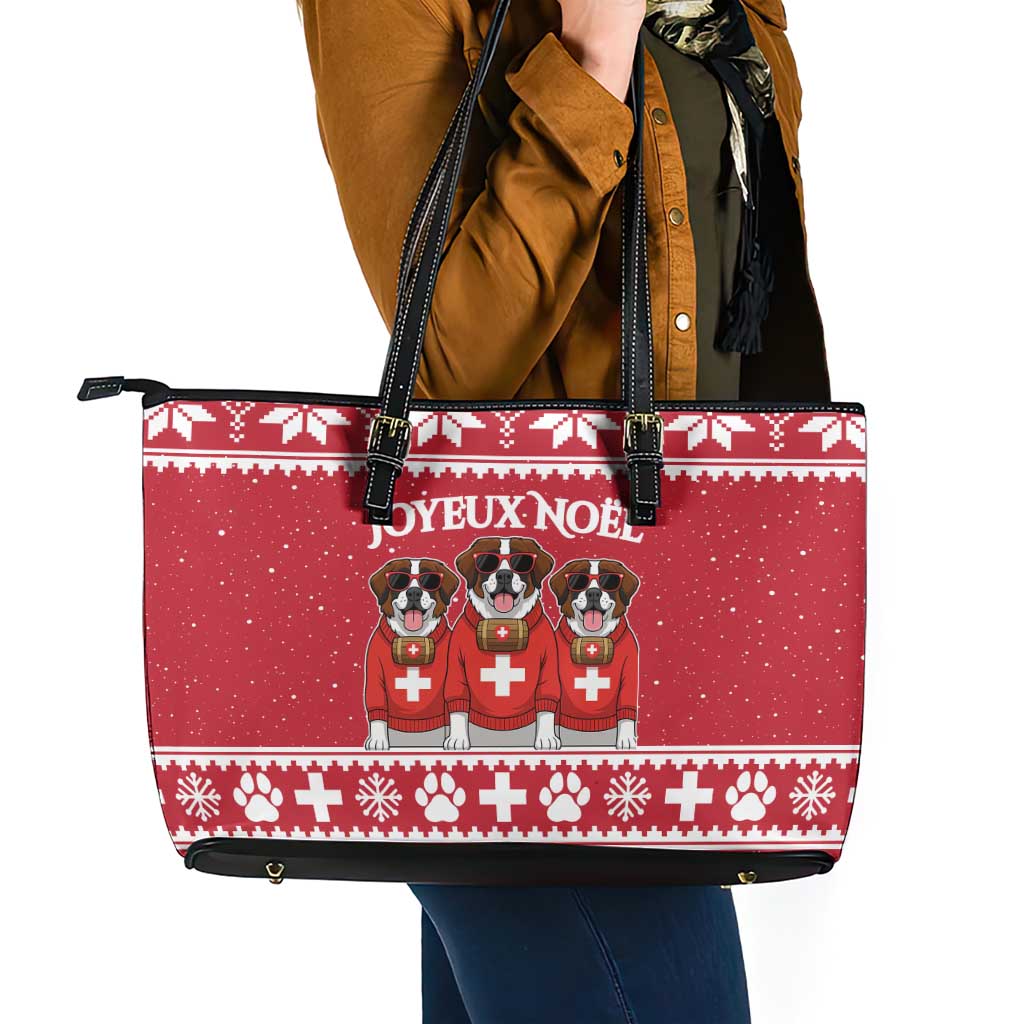 Saint Bernard Dog Switzerland Christmas Leather Tote Bag - Wonder Print Shop