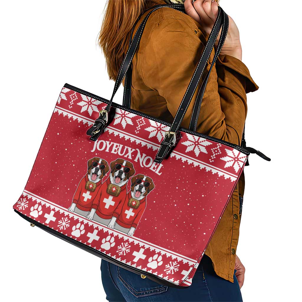 Saint Bernard Dog Switzerland Christmas Leather Tote Bag - Wonder Print Shop