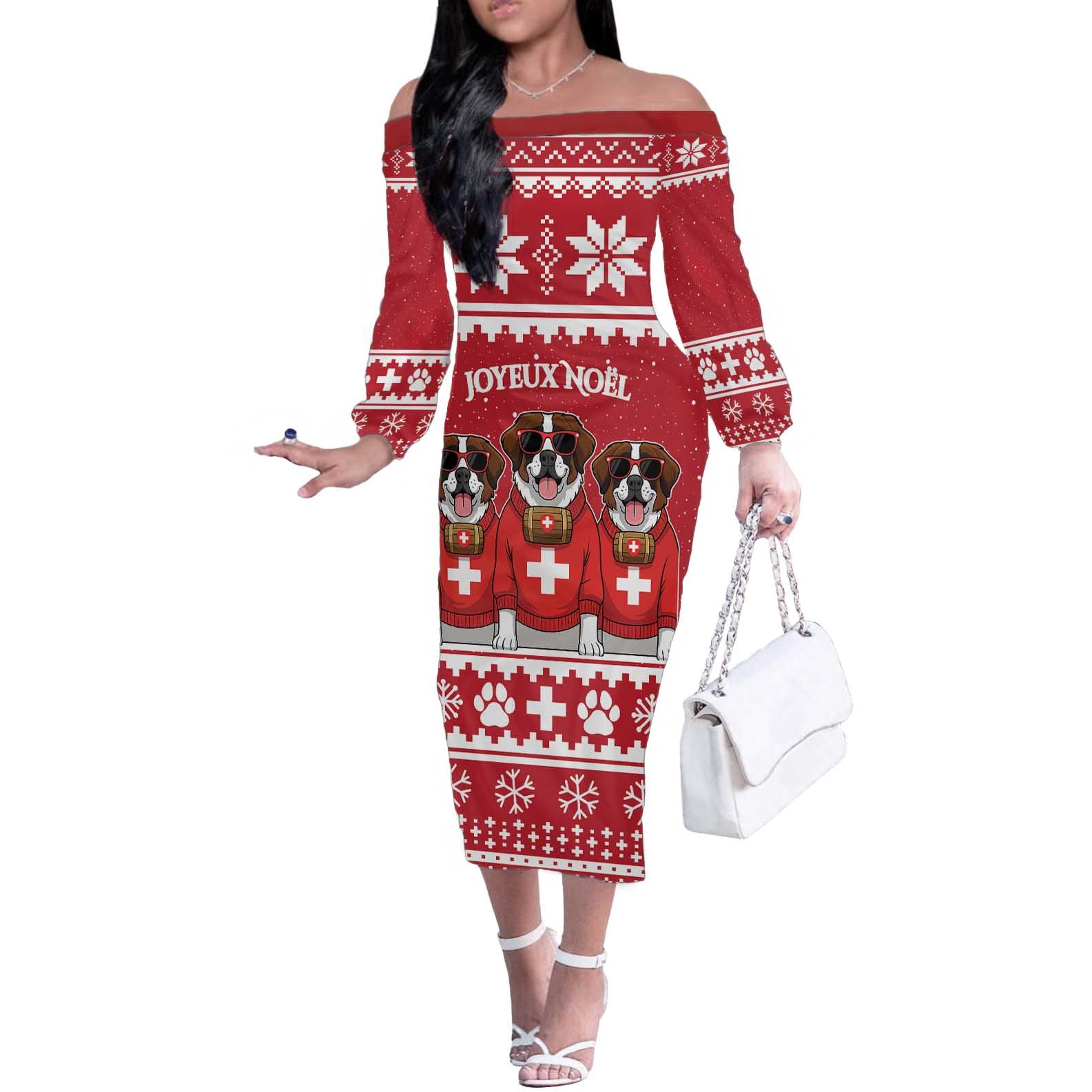 Saint Bernard Dog Switzerland Christmas Off The Shoulder Long Sleeve Dress - Wonder Print Shop