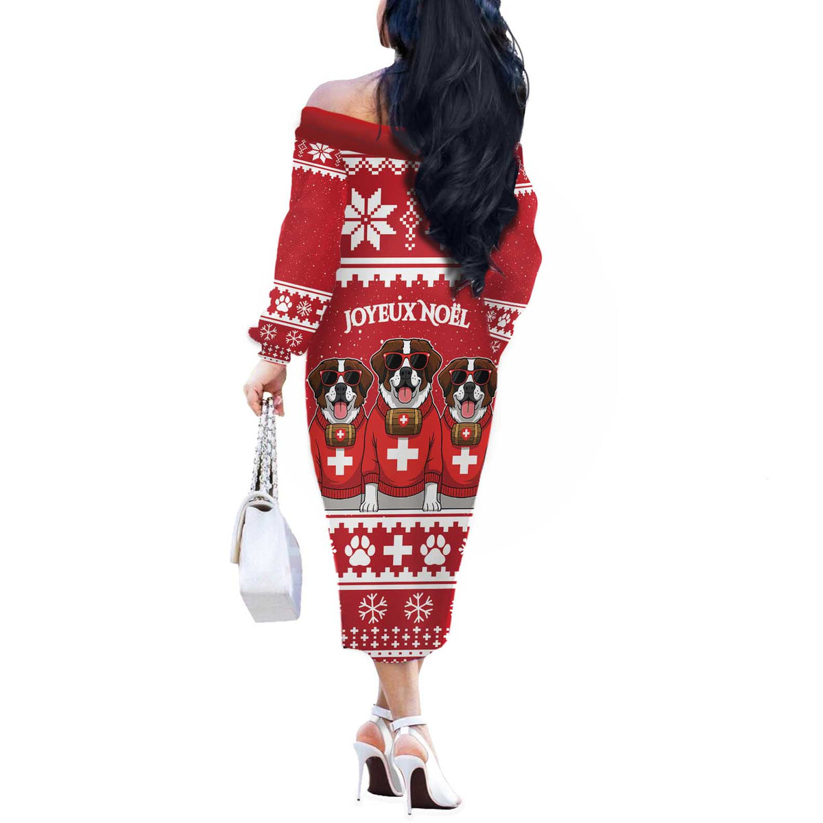 Saint Bernard Dog Switzerland Christmas Off The Shoulder Long Sleeve Dress - Wonder Print Shop