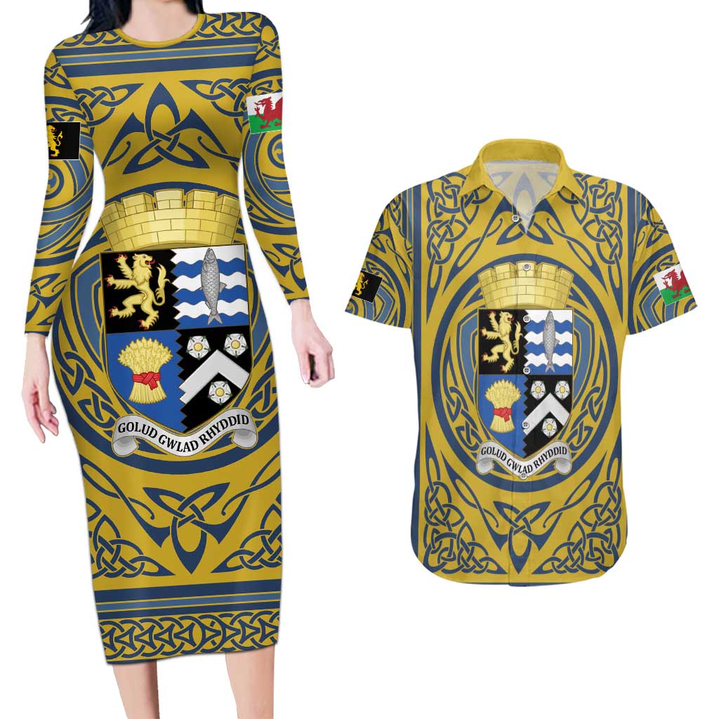 Personalized Cardiganshire Wales Couples Matching Long Sleeve Bodycon Dress and Hawaiian Shirt Ceredigion Coat of Arms Celtic Design - Wonder Print Shop
