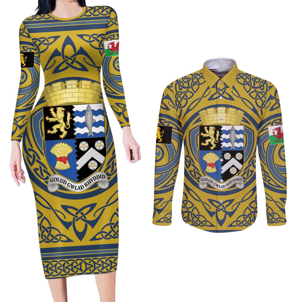 Personalized Cardiganshire Wales Couples Matching Long Sleeve Bodycon Dress and Long Sleeve Button Shirt Ceredigion Coat of Arms Celtic Design - Wonder Print Shop