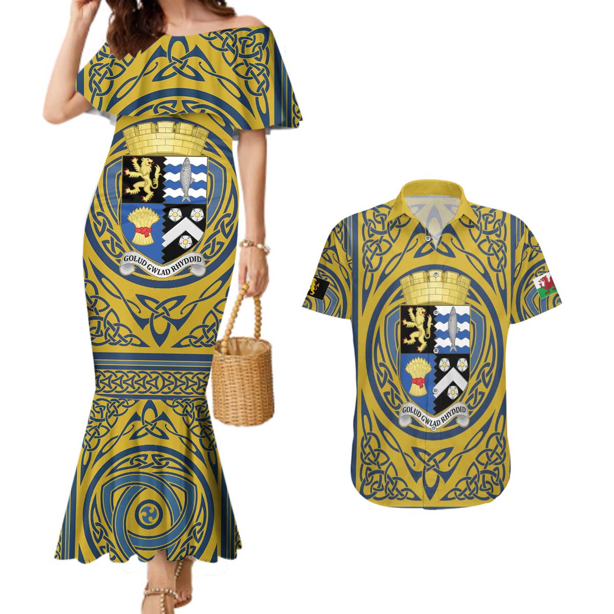 Personalized Cardiganshire Wales Couples Matching Mermaid Dress and Hawaiian Shirt Ceredigion Coat of Arms Celtic Design - Wonder Print Shop