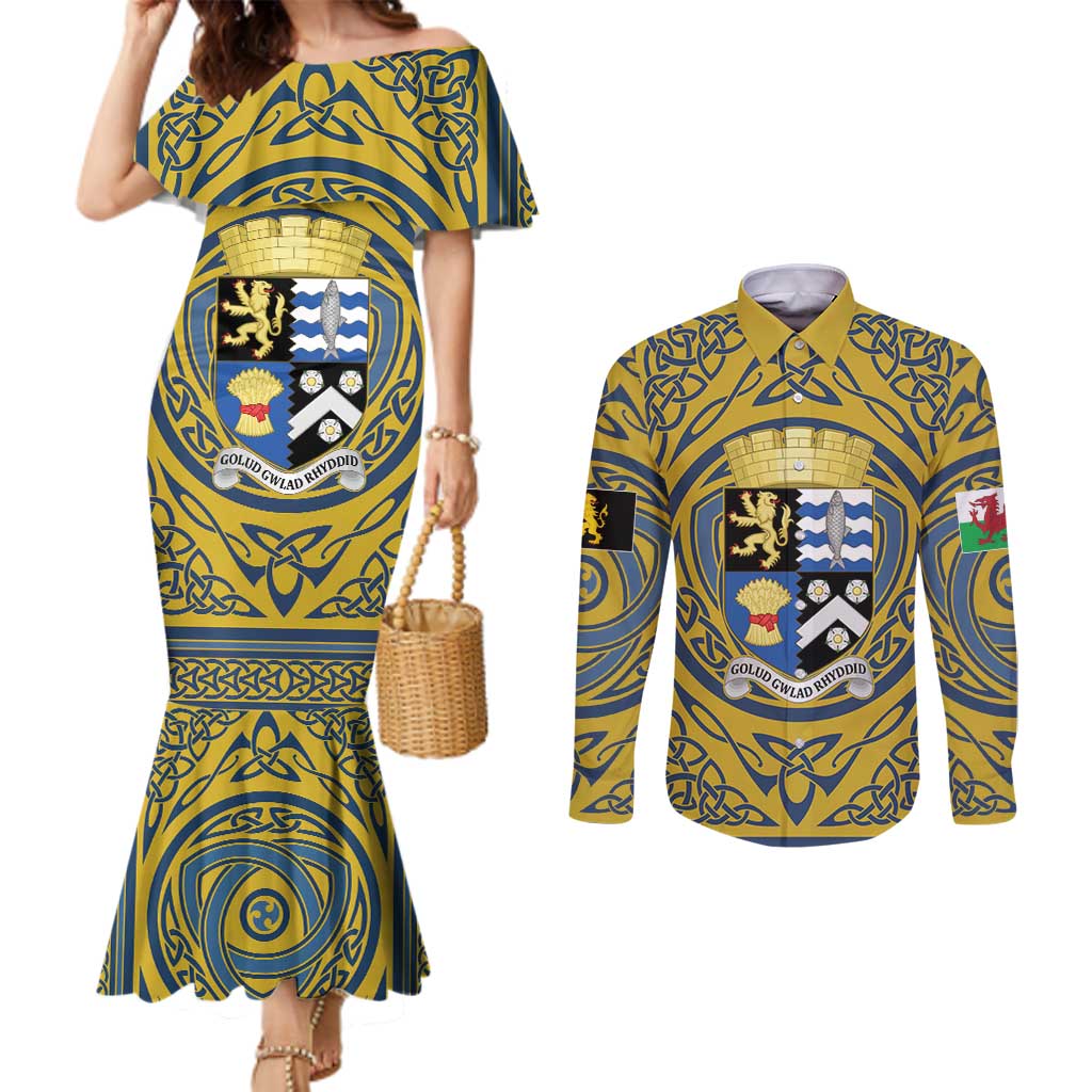 Personalized Cardiganshire Wales Couples Matching Mermaid Dress and Long Sleeve Button Shirt Ceredigion Coat of Arms Celtic Design - Wonder Print Shop