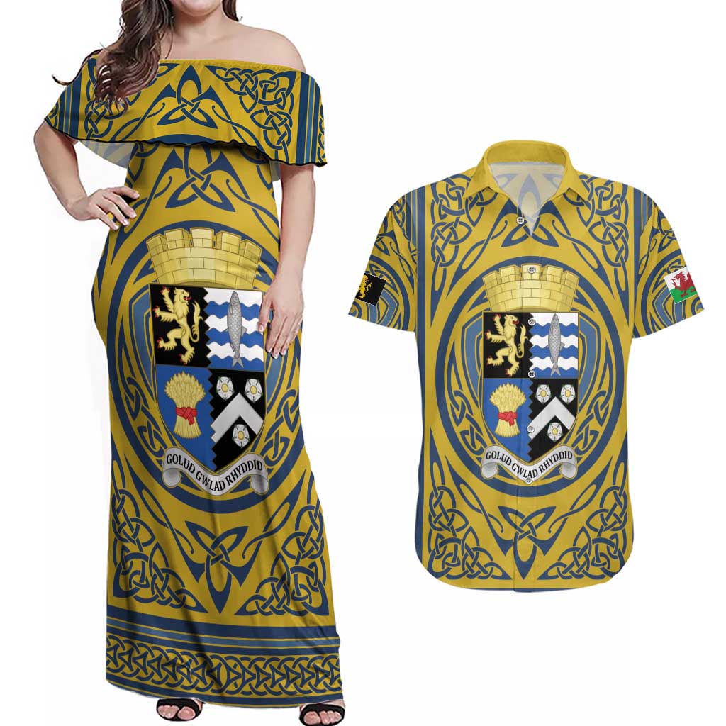 Personalized Cardiganshire Wales Couples Matching Off Shoulder Maxi Dress and Hawaiian Shirt Ceredigion Coat of Arms Celtic Design - Wonder Print Shop