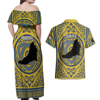 Personalized Cardiganshire Wales Couples Matching Off Shoulder Maxi Dress and Hawaiian Shirt Ceredigion Coat of Arms Celtic Design - Wonder Print Shop