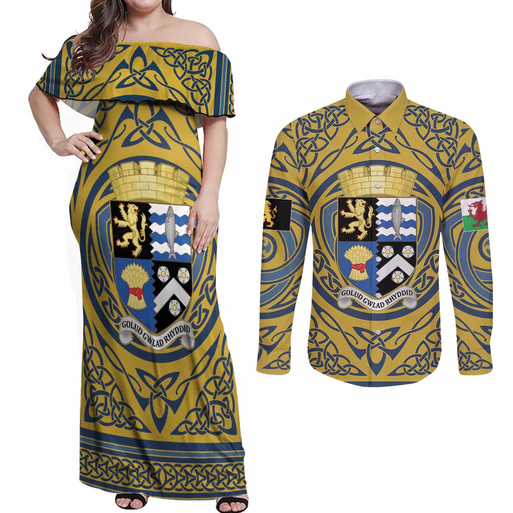 Personalized Cardiganshire Wales Couples Matching Off Shoulder Maxi Dress and Long Sleeve Button Shirt Ceredigion Coat of Arms Celtic Design - Wonder Print Shop