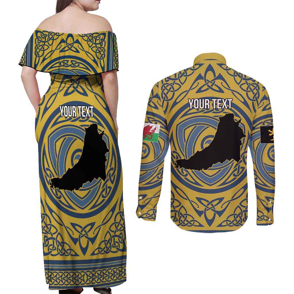 Personalized Cardiganshire Wales Couples Matching Off Shoulder Maxi Dress and Long Sleeve Button Shirt Ceredigion Coat of Arms Celtic Design - Wonder Print Shop