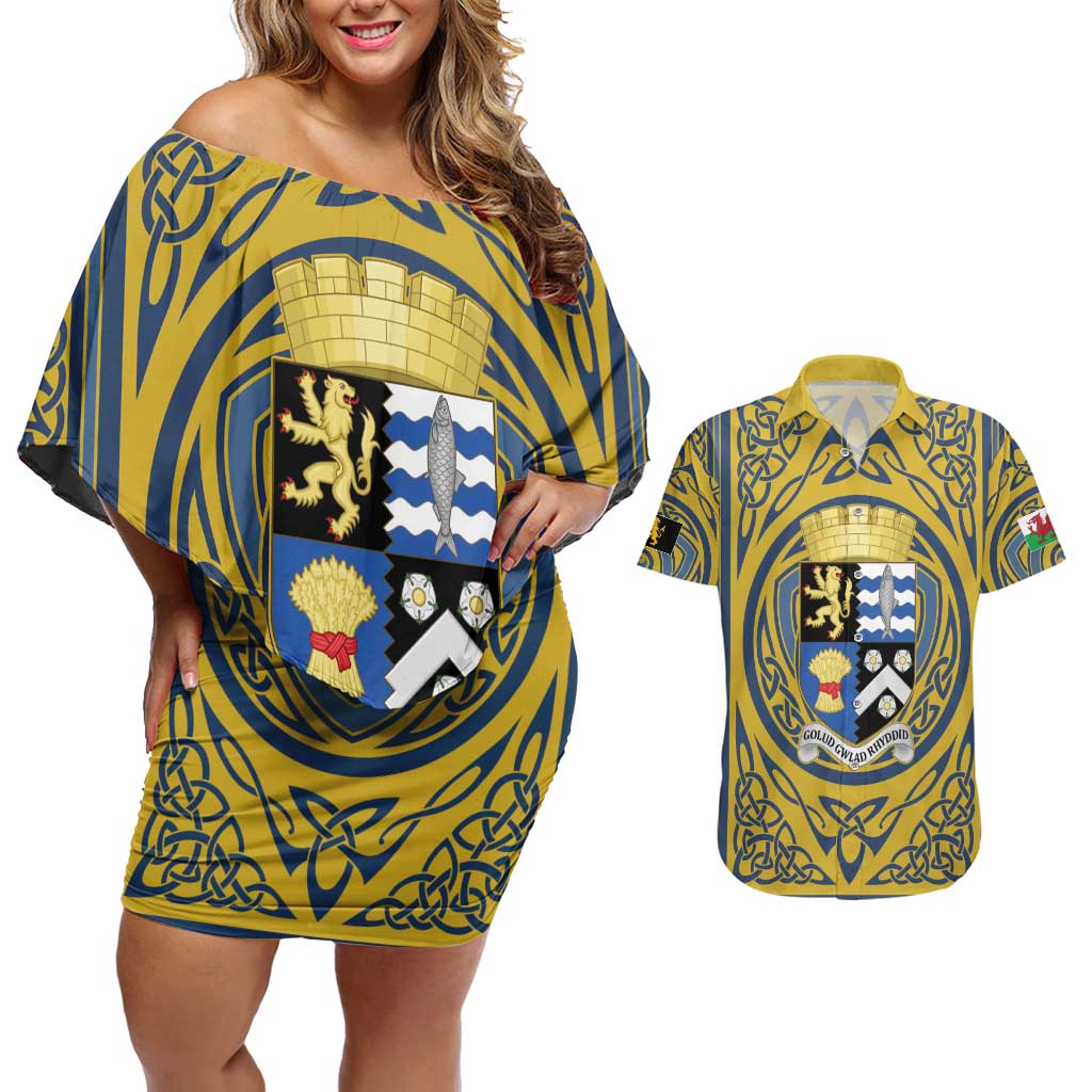 Personalized Cardiganshire Wales Couples Matching Off Shoulder Short Dress and Hawaiian Shirt Ceredigion Coat of Arms Celtic Design - Wonder Print Shop