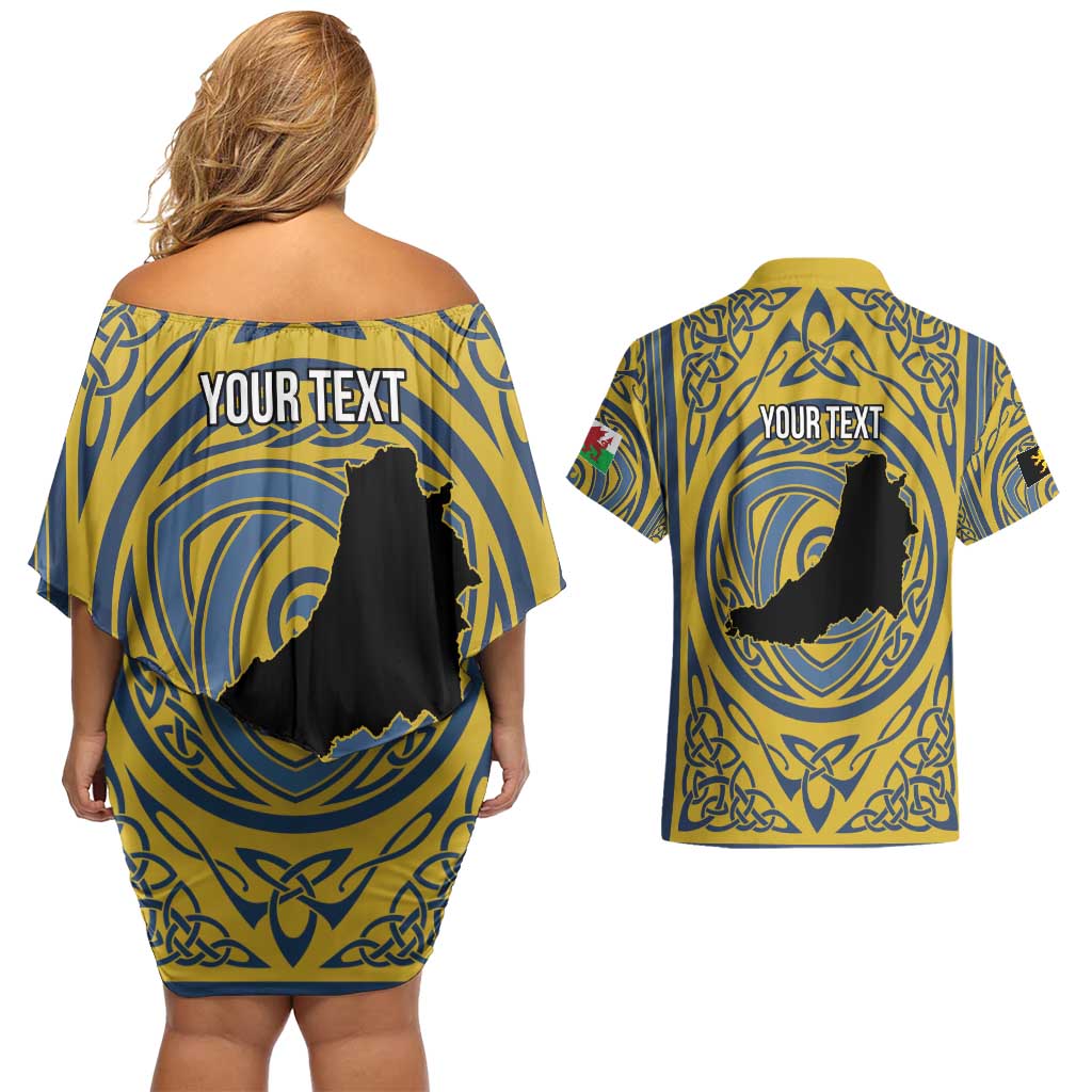 Personalized Cardiganshire Wales Couples Matching Off Shoulder Short Dress and Hawaiian Shirt Ceredigion Coat of Arms Celtic Design - Wonder Print Shop