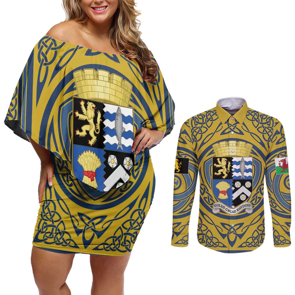 Personalized Cardiganshire Wales Couples Matching Off Shoulder Short Dress and Long Sleeve Button Shirt Ceredigion Coat of Arms Celtic Design - Wonder Print Shop