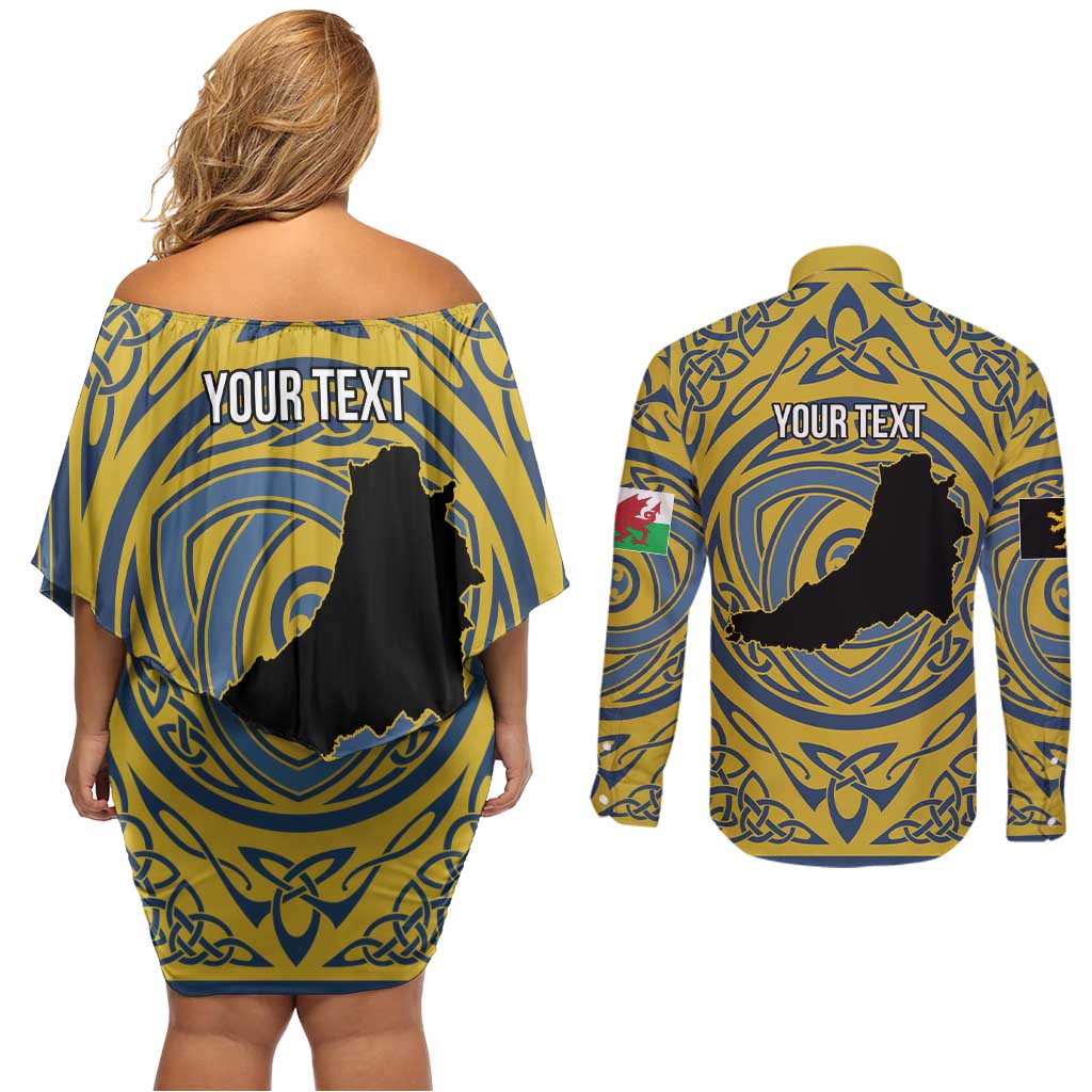Personalized Cardiganshire Wales Couples Matching Off Shoulder Short Dress and Long Sleeve Button Shirt Ceredigion Coat of Arms Celtic Design - Wonder Print Shop