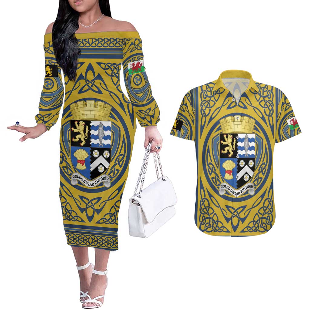 Personalized Cardiganshire Wales Couples Matching Off The Shoulder Long Sleeve Dress and Hawaiian Shirt Ceredigion Coat of Arms Celtic Design - Wonder Print Shop