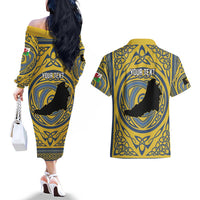 Personalized Cardiganshire Wales Couples Matching Off The Shoulder Long Sleeve Dress and Hawaiian Shirt Ceredigion Coat of Arms Celtic Design - Wonder Print Shop