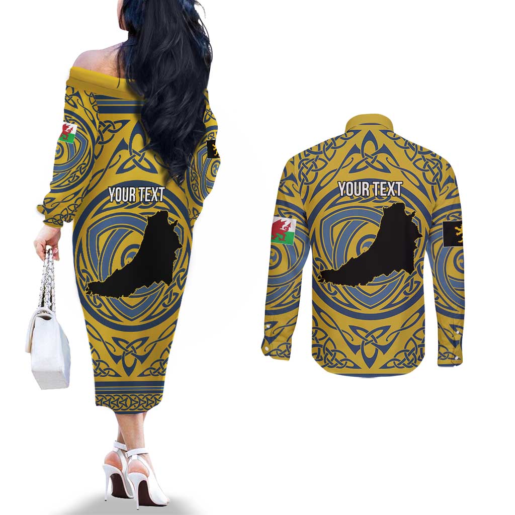 Personalized Cardiganshire Wales Couples Matching Off The Shoulder Long Sleeve Dress and Long Sleeve Button Shirt Ceredigion Coat of Arms Celtic Design - Wonder Print Shop