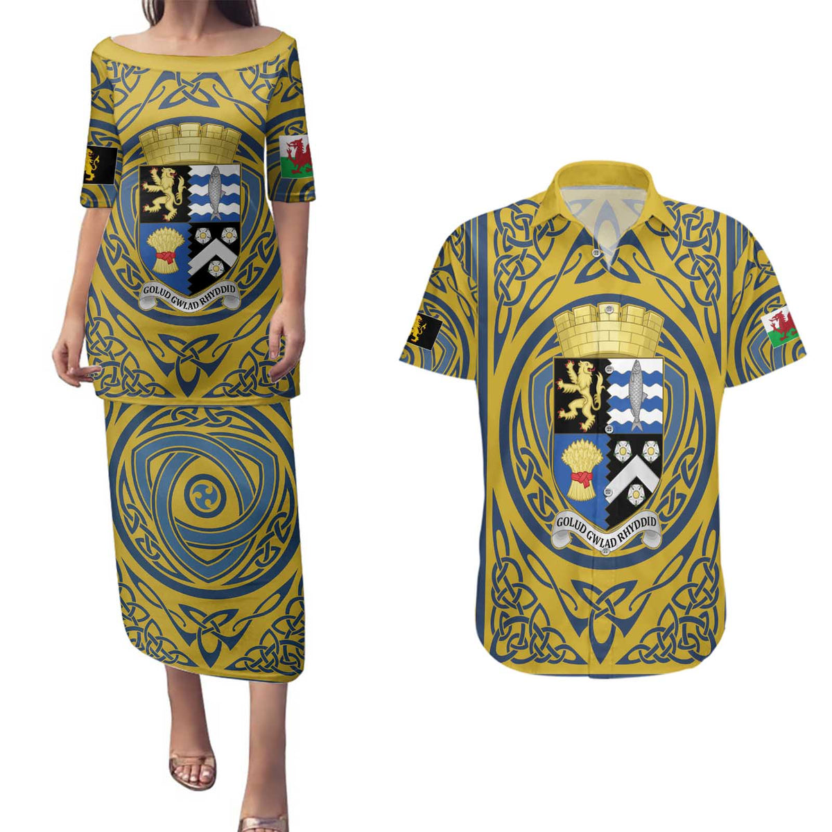 Personalized Cardiganshire Wales Couples Matching Puletasi and Hawaiian Shirt Ceredigion Coat of Arms Celtic Design - Wonder Print Shop
