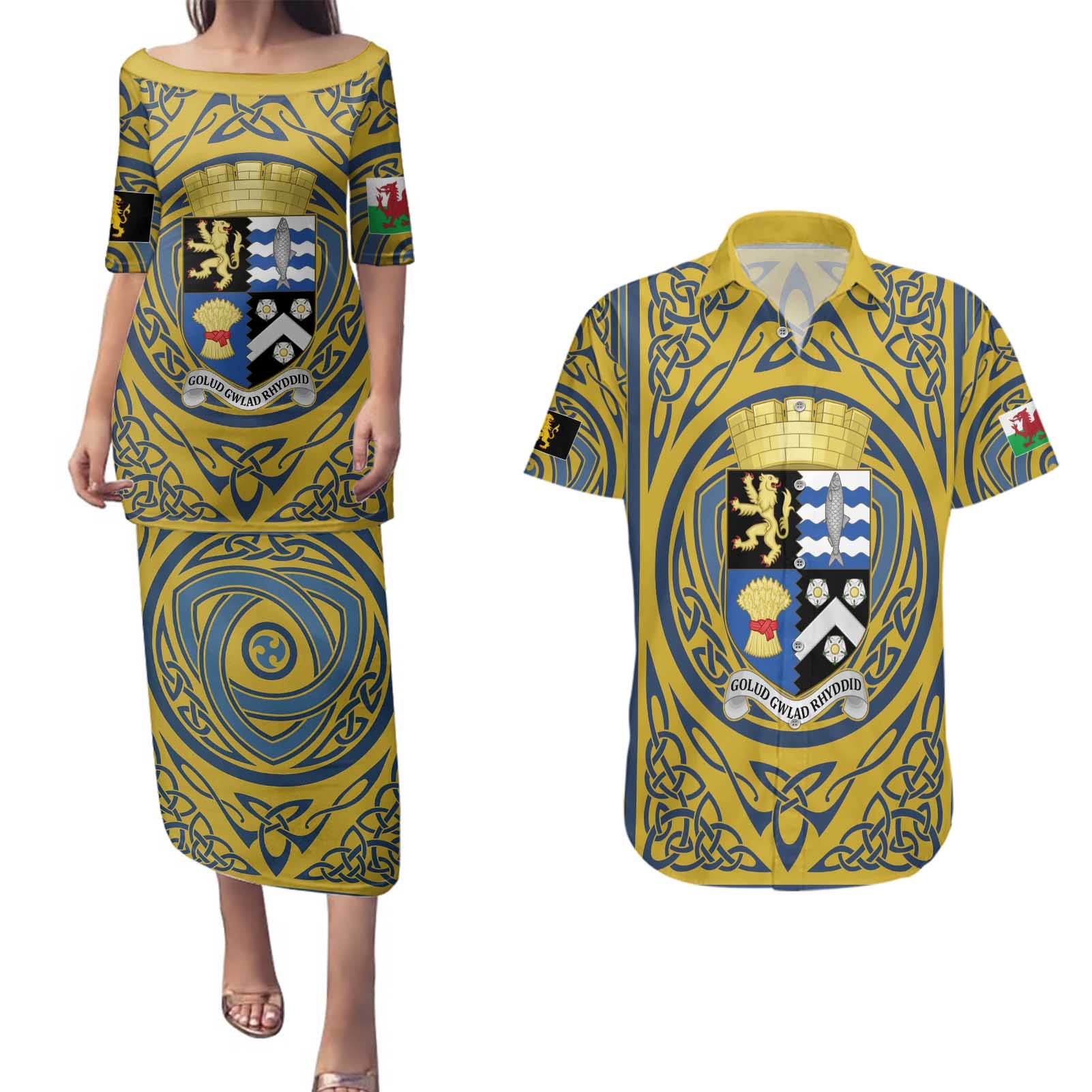 Personalized Cardiganshire Wales Couples Matching Puletasi and Hawaiian Shirt Ceredigion Coat of Arms Celtic Design - Wonder Print Shop
