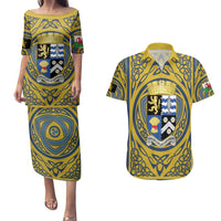 Personalized Cardiganshire Wales Couples Matching Puletasi and Hawaiian Shirt Ceredigion Coat of Arms Celtic Design - Wonder Print Shop
