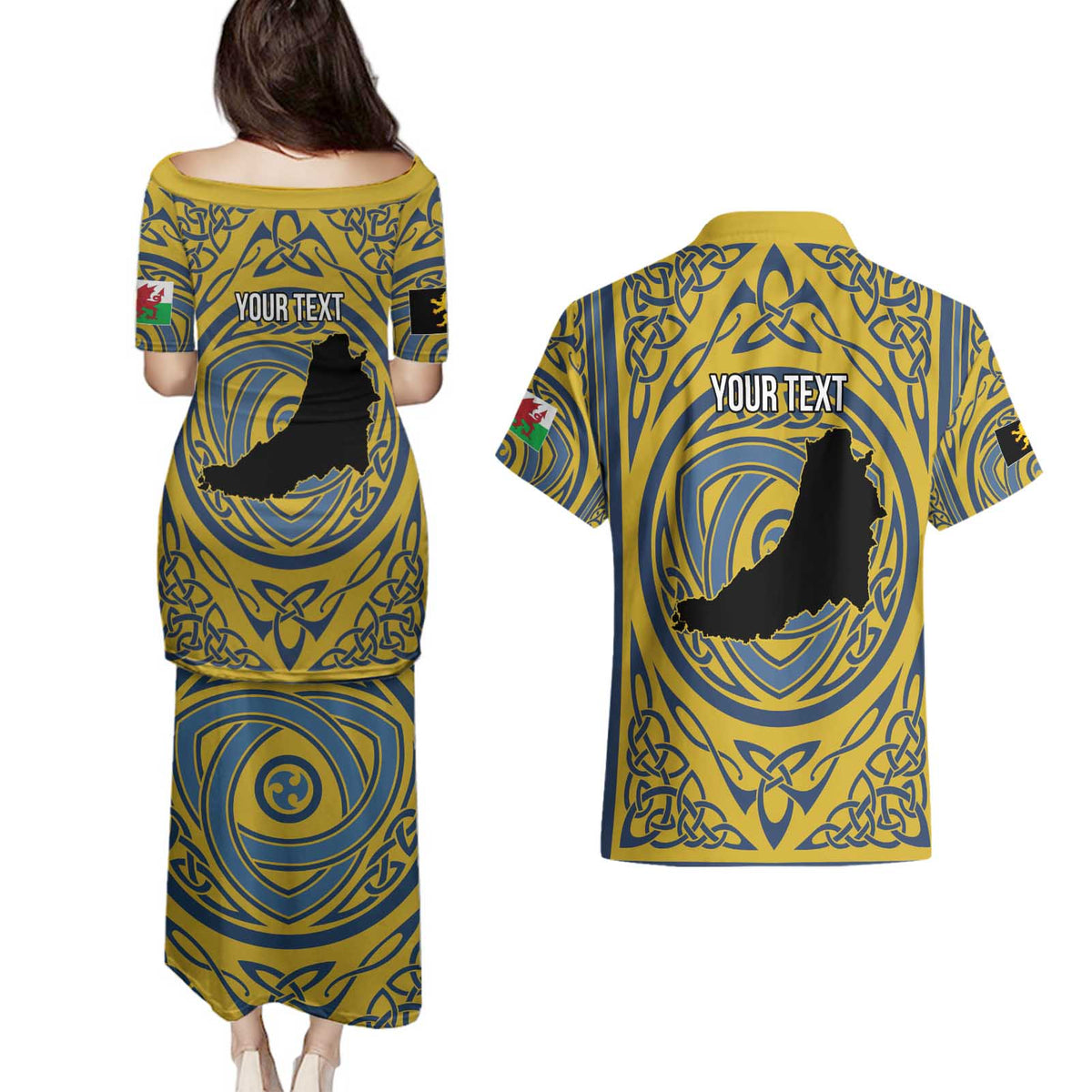 Personalized Cardiganshire Wales Couples Matching Puletasi and Hawaiian Shirt Ceredigion Coat of Arms Celtic Design - Wonder Print Shop