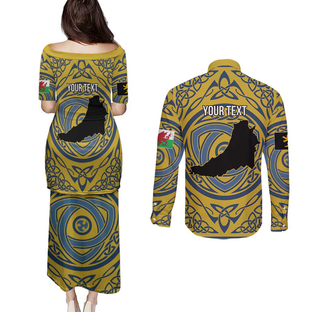 Personalized Cardiganshire Wales Couples Matching Puletasi and Long Sleeve Button Shirt Ceredigion Coat of Arms Celtic Design - Wonder Print Shop