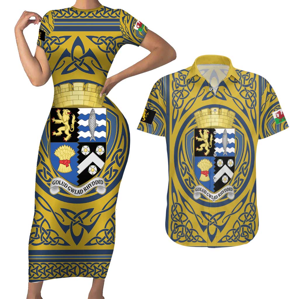 Personalized Cardiganshire Wales Couples Matching Short Sleeve Bodycon Dress and Hawaiian Shirt Ceredigion Coat of Arms Celtic Design - Wonder Print Shop