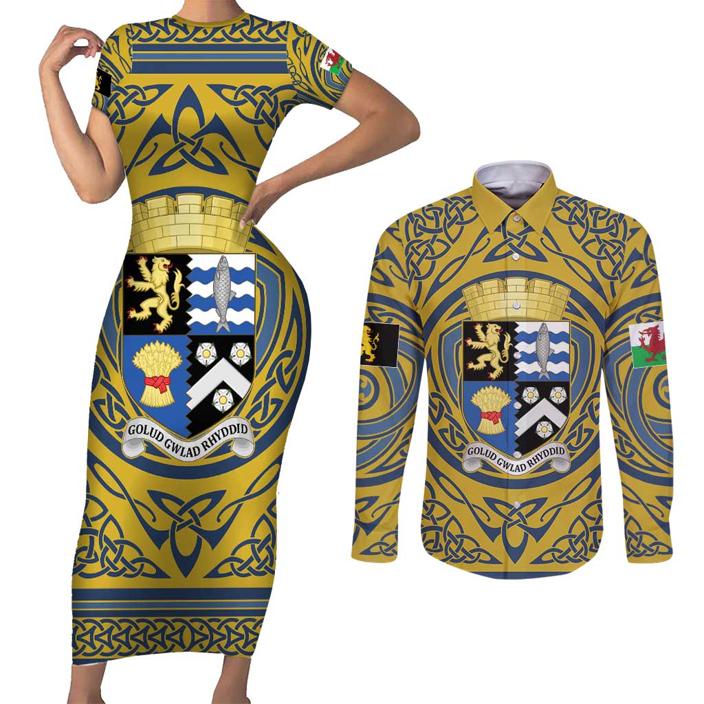 Personalized Cardiganshire Wales Couples Matching Short Sleeve Bodycon Dress and Long Sleeve Button Shirt Ceredigion Coat of Arms Celtic Design - Wonder Print Shop