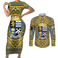 Personalized Cardiganshire Wales Couples Matching Short Sleeve Bodycon Dress and Long Sleeve Button Shirt Ceredigion Coat of Arms Celtic Design - Wonder Print Shop