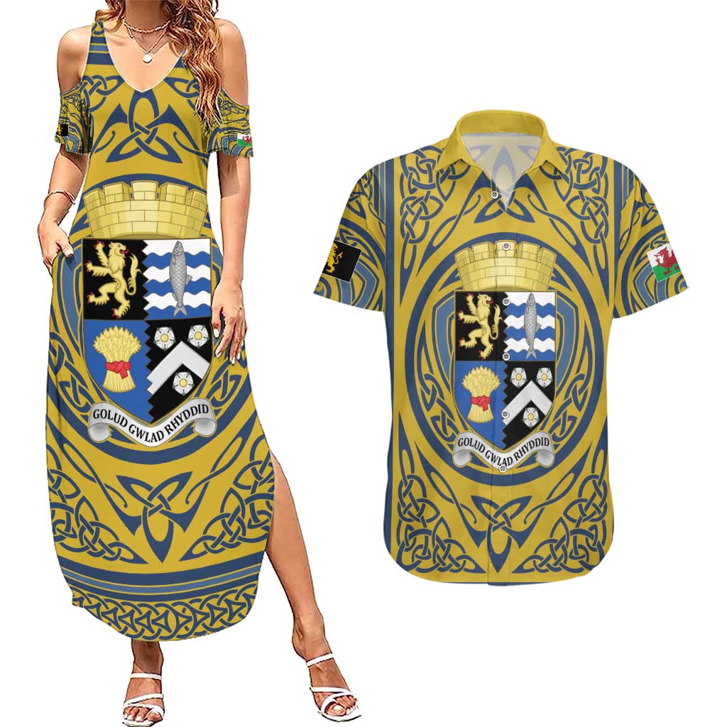 Personalized Cardiganshire Wales Couples Matching Summer Maxi Dress and Hawaiian Shirt Ceredigion Coat of Arms Celtic Design - Wonder Print Shop