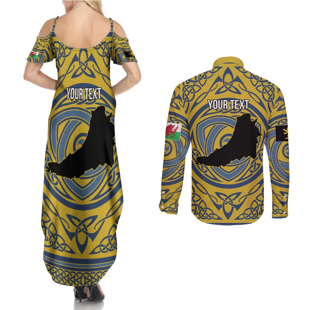 Personalized Cardiganshire Wales Couples Matching Summer Maxi Dress and Long Sleeve Button Shirt Ceredigion Coat of Arms Celtic Design - Wonder Print Shop