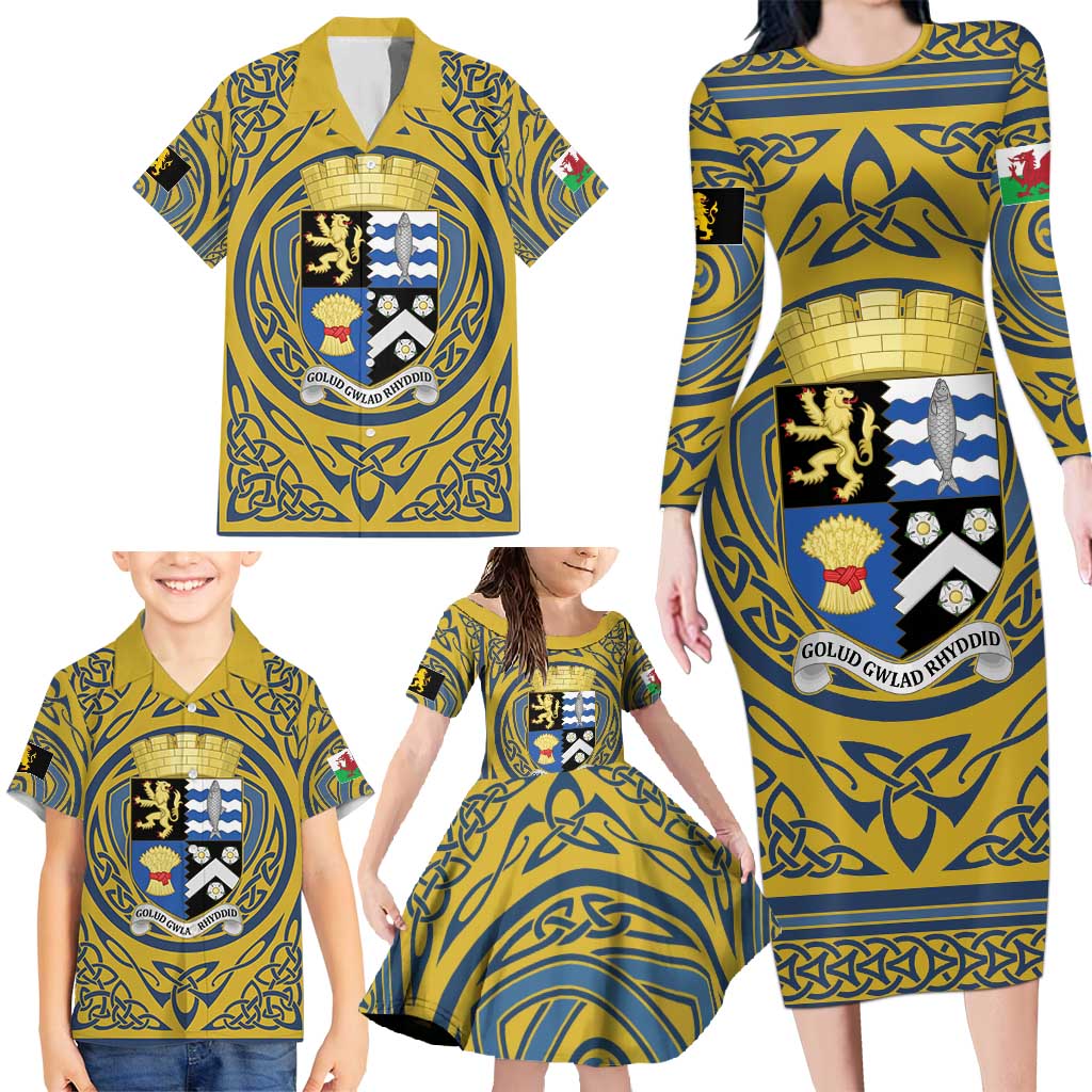 Personalized Cardiganshire Wales Family Matching Long Sleeve Bodycon Dress and Hawaiian Shirt Ceredigion Coat of Arms Celtic Design - Wonder Print Shop