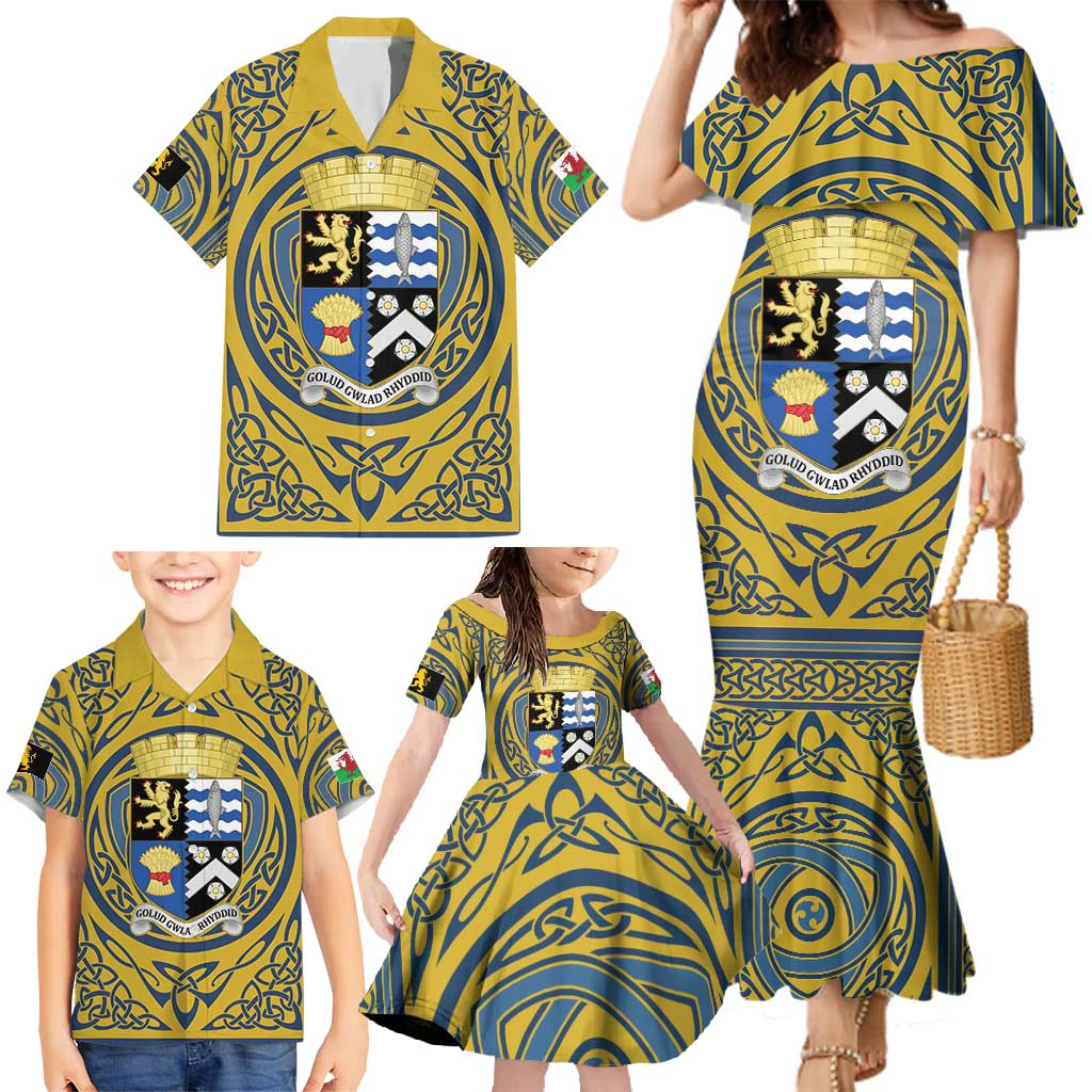 Personalized Cardiganshire Wales Family Matching Mermaid Dress and Hawaiian Shirt Ceredigion Coat of Arms Celtic Design - Wonder Print Shop