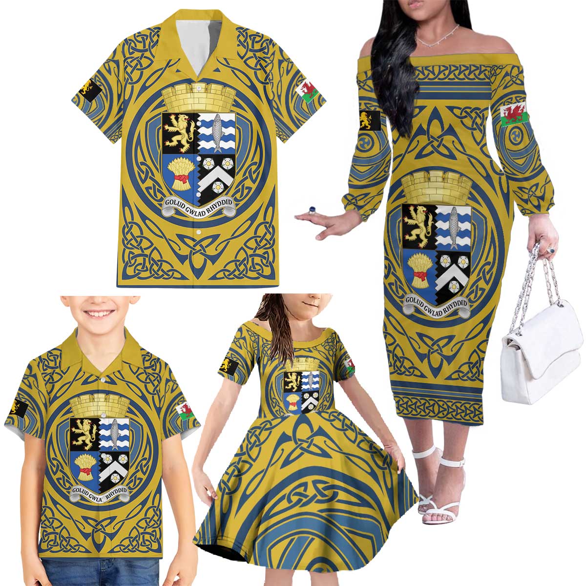 Personalized Cardiganshire Wales Family Matching Off The Shoulder Long Sleeve Dress and Hawaiian Shirt Ceredigion Coat of Arms Celtic Design - Wonder Print Shop