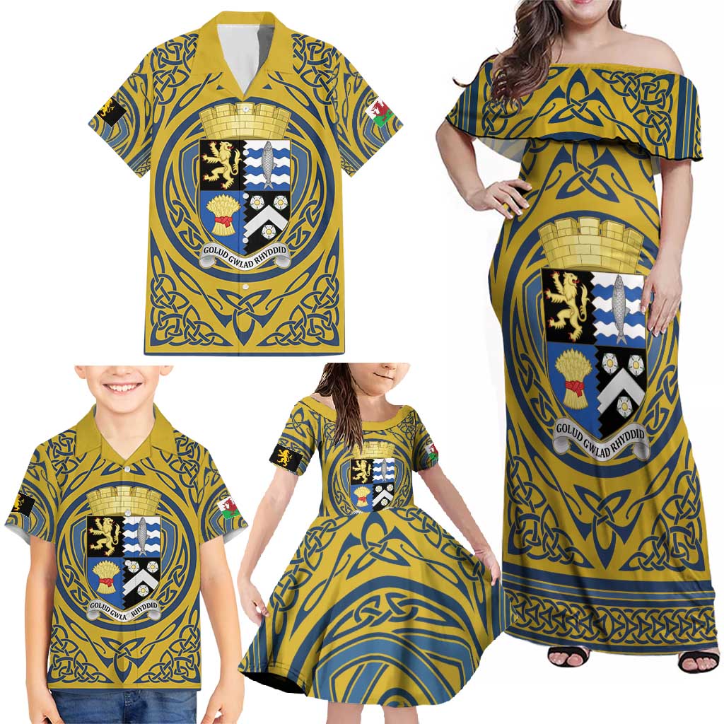 Personalized Cardiganshire Wales Family Matching Off Shoulder Maxi Dress and Hawaiian Shirt Ceredigion Coat of Arms Celtic Design - Wonder Print Shop