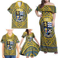 Personalized Cardiganshire Wales Family Matching Off Shoulder Maxi Dress and Hawaiian Shirt Ceredigion Coat of Arms Celtic Design - Wonder Print Shop