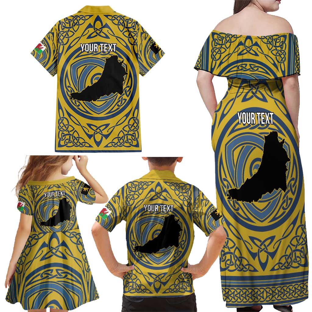 Personalized Cardiganshire Wales Family Matching Off Shoulder Maxi Dress and Hawaiian Shirt Ceredigion Coat of Arms Celtic Design - Wonder Print Shop