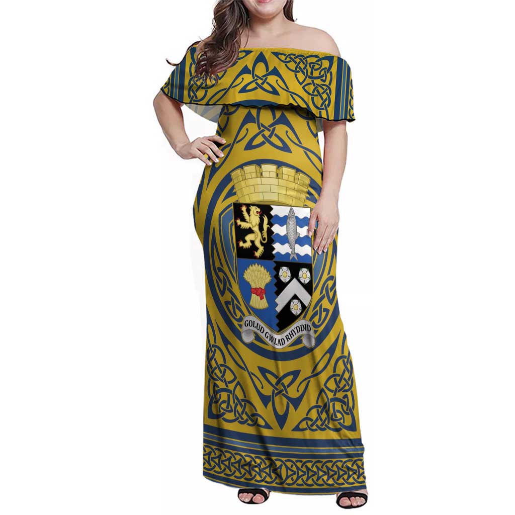 Personalized Cardiganshire Wales Family Matching Off Shoulder Maxi Dress and Hawaiian Shirt Ceredigion Coat of Arms Celtic Design - Wonder Print Shop