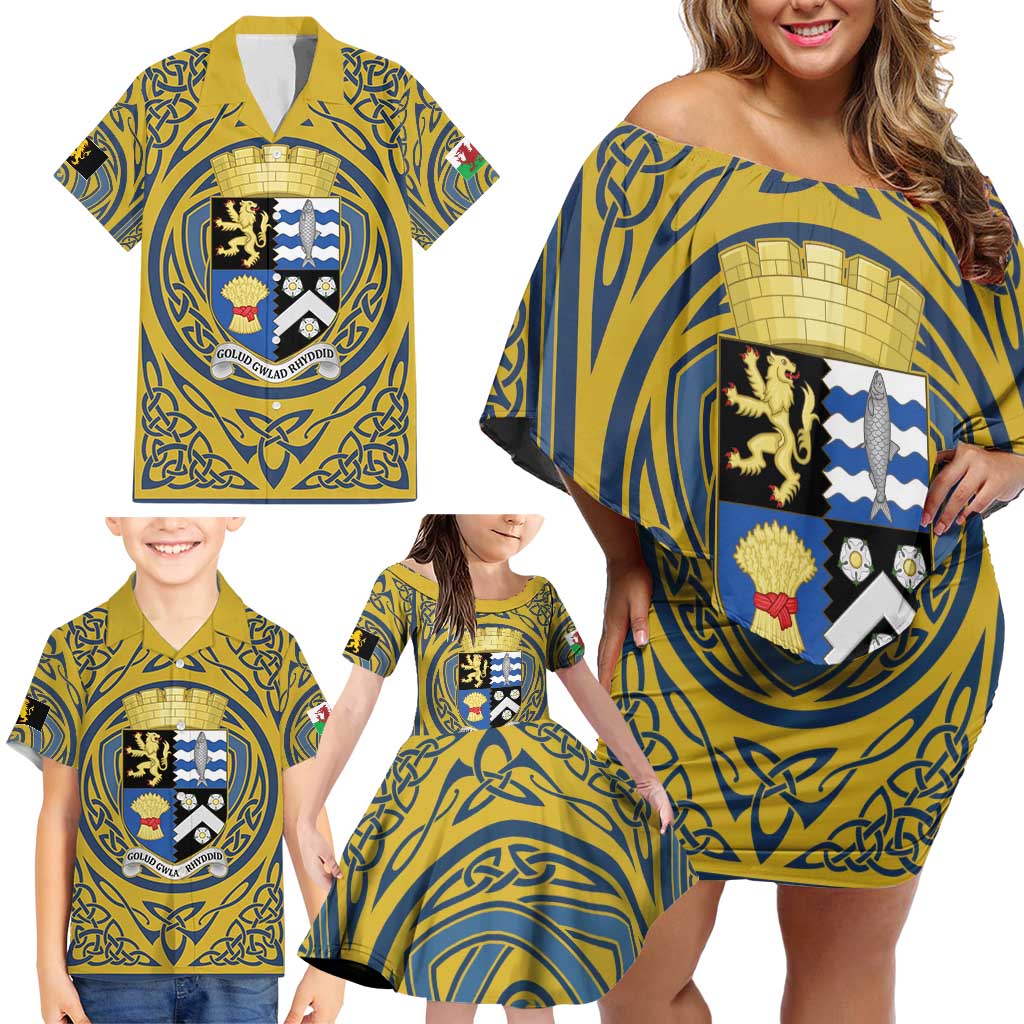 Personalized Cardiganshire Wales Family Matching Off Shoulder Short Dress and Hawaiian Shirt Ceredigion Coat of Arms Celtic Design - Wonder Print Shop