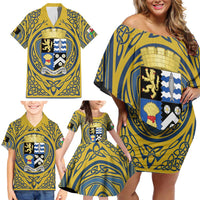 Personalized Cardiganshire Wales Family Matching Off Shoulder Short Dress and Hawaiian Shirt Ceredigion Coat of Arms Celtic Design - Wonder Print Shop