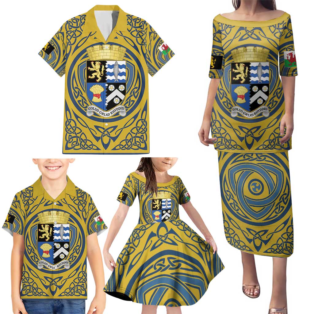 Personalized Cardiganshire Wales Family Matching Puletasi and Hawaiian Shirt Ceredigion Coat of Arms Celtic Design - Wonder Print Shop