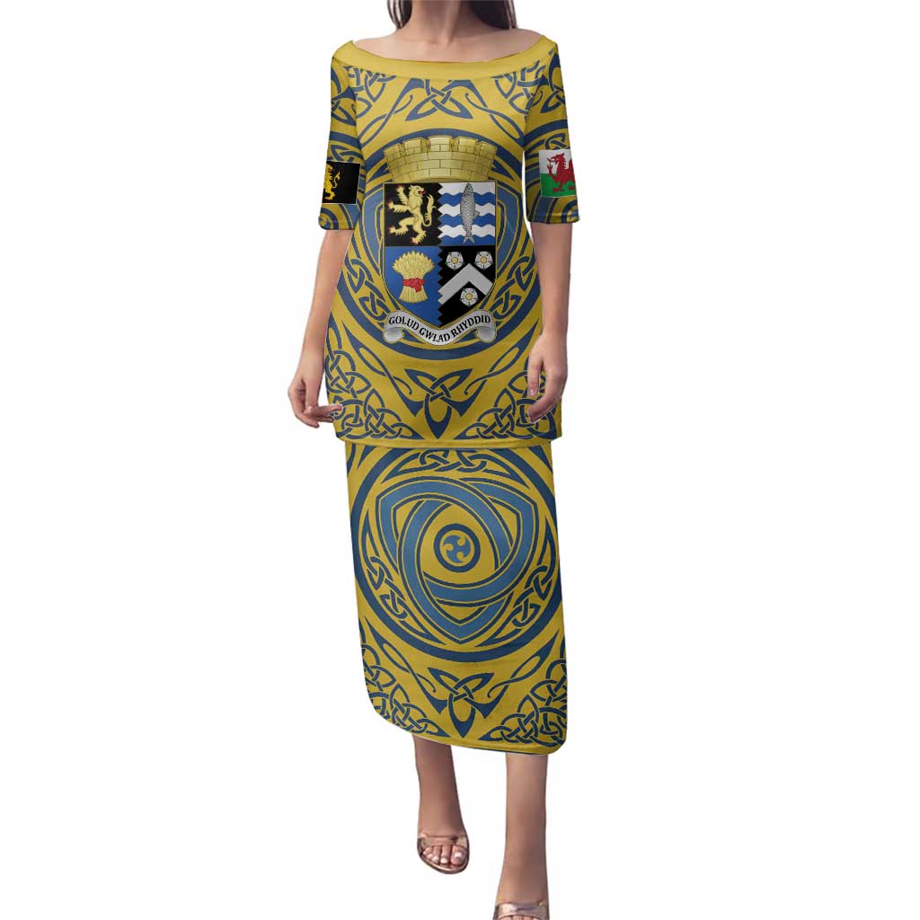 Personalized Cardiganshire Wales Family Matching Puletasi and Hawaiian Shirt Ceredigion Coat of Arms Celtic Design - Wonder Print Shop