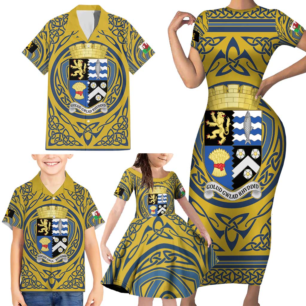 Personalized Cardiganshire Wales Family Matching Short Sleeve Bodycon Dress and Hawaiian Shirt Ceredigion Coat of Arms Celtic Design - Wonder Print Shop