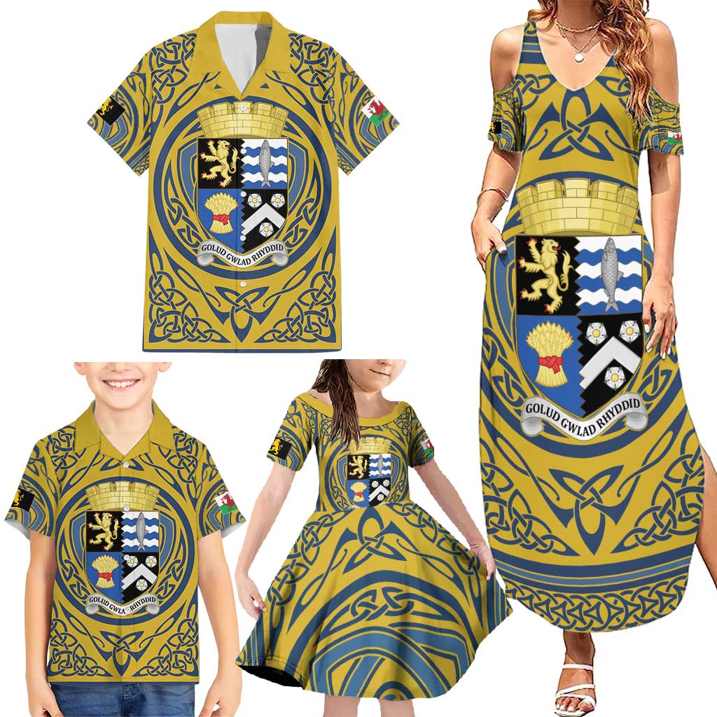 Personalized Cardiganshire Wales Family Matching Summer Maxi Dress and Hawaiian Shirt Ceredigion Coat of Arms Celtic Design - Wonder Print Shop