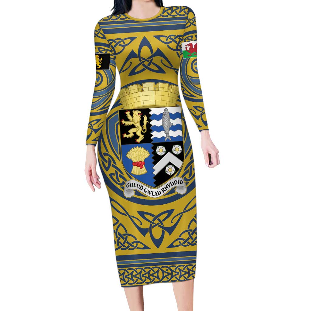 Personalized Cardiganshire Wales Long Sleeve Bodycon Dress Ceredigion Coat of Arms Celtic Design - Wonder Print Shop