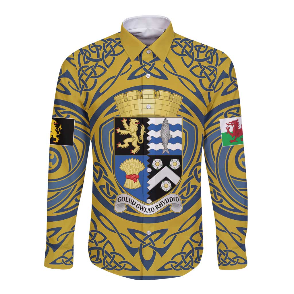 Personalized Cardiganshire Wales Long Sleeve Button Shirt Ceredigion Coat of Arms Celtic Design - Wonder Print Shop