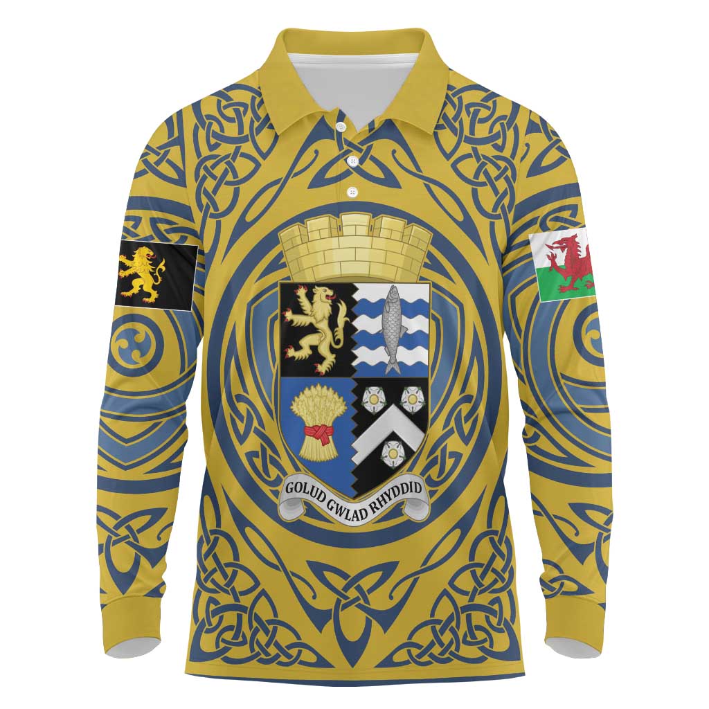 Personalized Cardiganshire Wales Long Sleeve Polo Shirt Ceredigion Coat of Arms Celtic Design - Wonder Print Shop